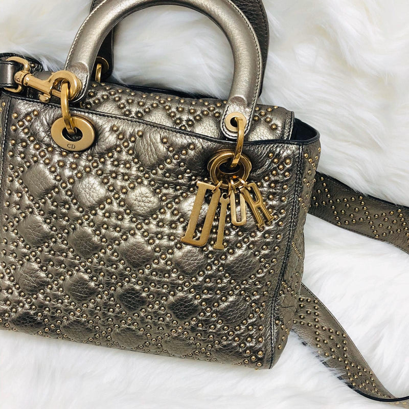 Studded Supple Lady Dior Medium Tote in Gold