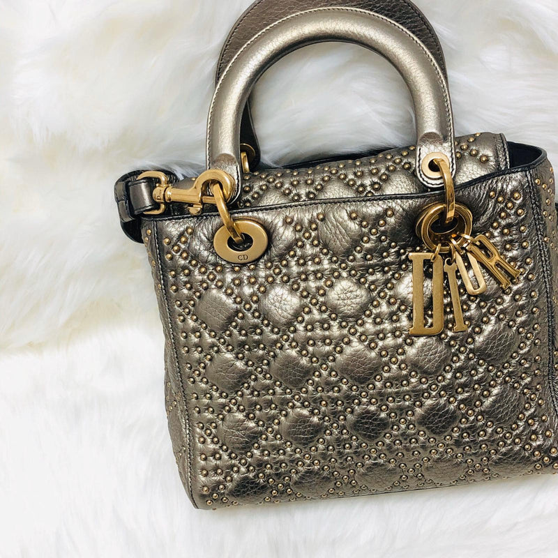 Studded Supple Lady Dior Medium Tote in Gold