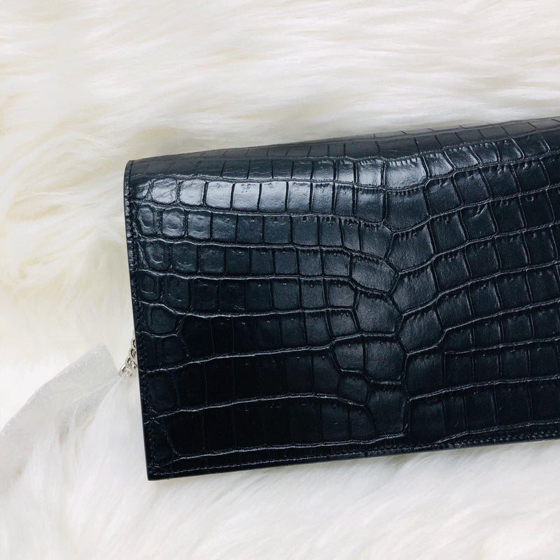 Classic Monogram Kate Tassel WOC in Black Crocodile Embossed Leather