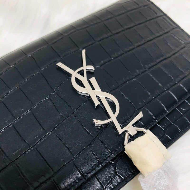 Classic Monogram Kate Tassel WOC in Black Crocodile Embossed Leather