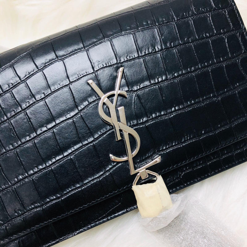 Classic Monogram Kate Tassel WOC in Black Crocodile Embossed Leather