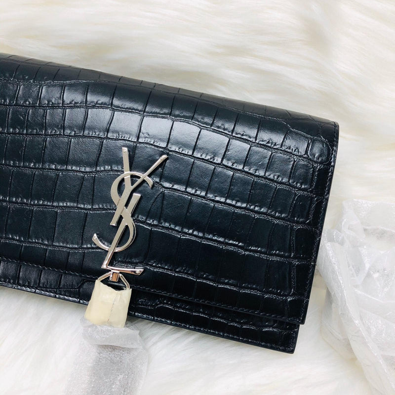 Classic Monogram Kate Tassel WOC in Black Crocodile Embossed Leather