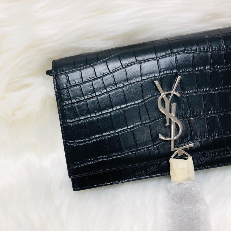 Classic Monogram Kate Tassel WOC in Black Crocodile Embossed Leather