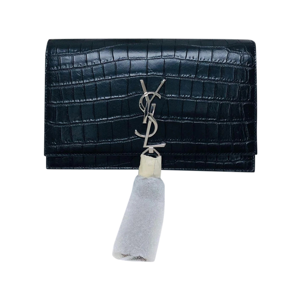 Classic Monogram Kate Tassel WOC in Black Crocodile Embossed Leather