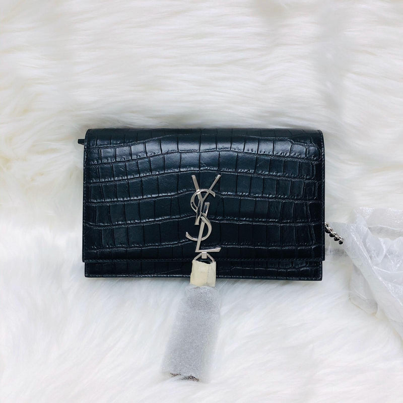 Classic Monogram Kate Tassel WOC in Black Crocodile Embossed Leather