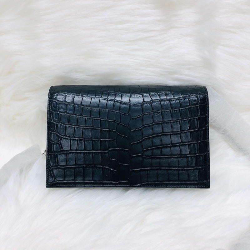 Classic Monogram Kate Tassel WOC in Black Crocodile Embossed Leather