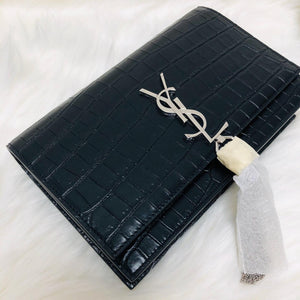 Classic Monogram Kate Tassel WOC in Black Crocodile Embossed Leather