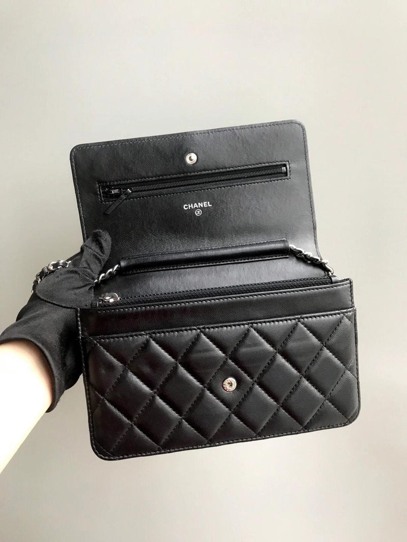 WOC Wallet on Chain Quilted Lambskin Leather with Black Interior