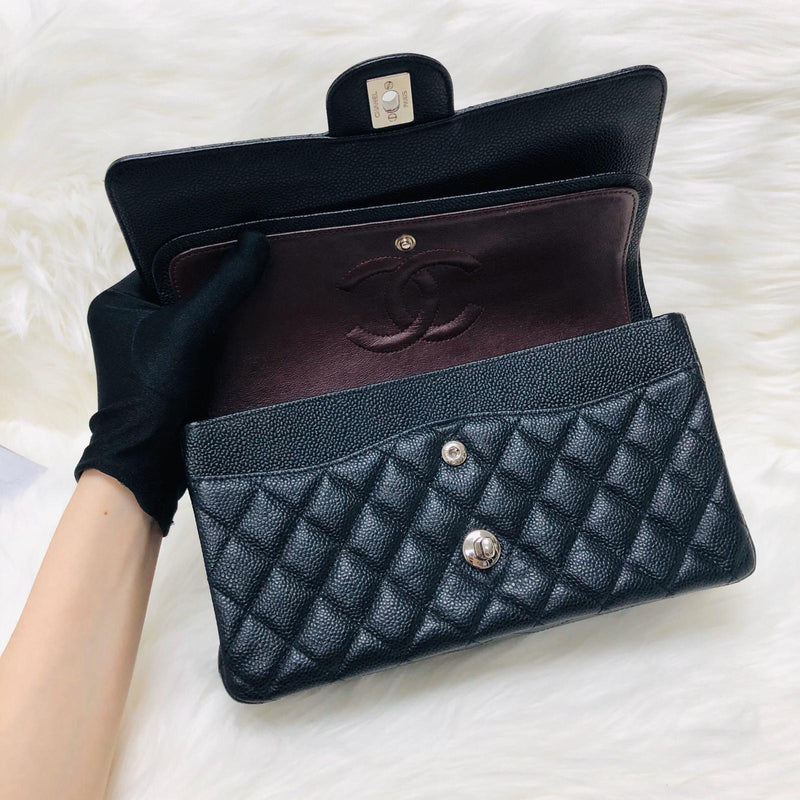 Classic Double  Flap in Black Caviar SHW