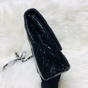 Jumbo Quilted Patent Single Flap Bag in Black with SHW