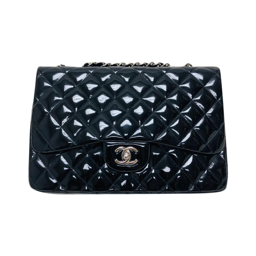 Jumbo Quilted Patent Single Flap Bag in Black with SHW