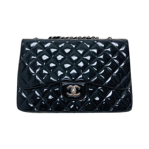 Jumbo Quilted Patent Single Flap Bag in Black with SHW