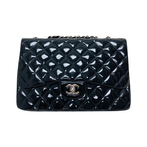 Jumbo Quilted Patent Single Flap Bag in Black with SHW