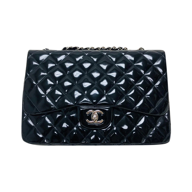 Jumbo Quilted Patent Single Flap Bag in Black with SHW