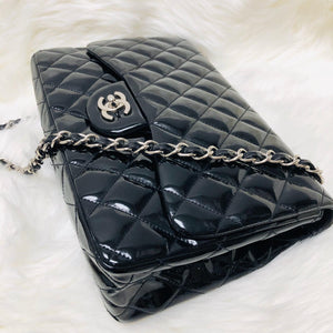 Jumbo Quilted Patent Single Flap Bag in Black with SHW