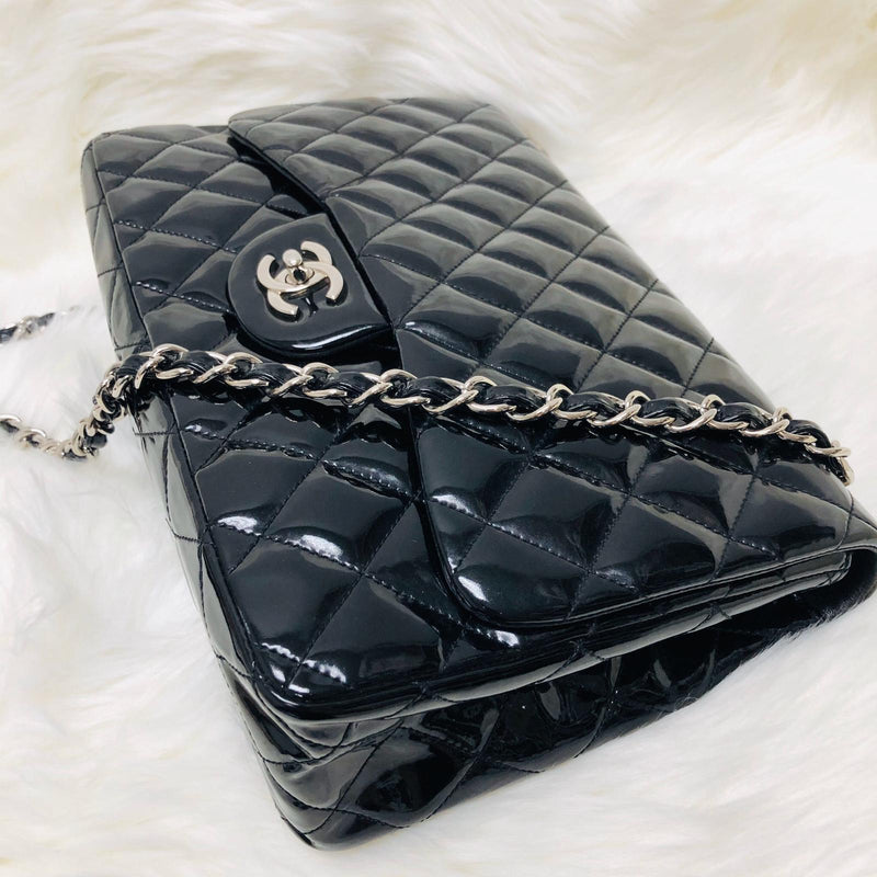 Jumbo Quilted Patent Single Flap Bag in Black with SHW