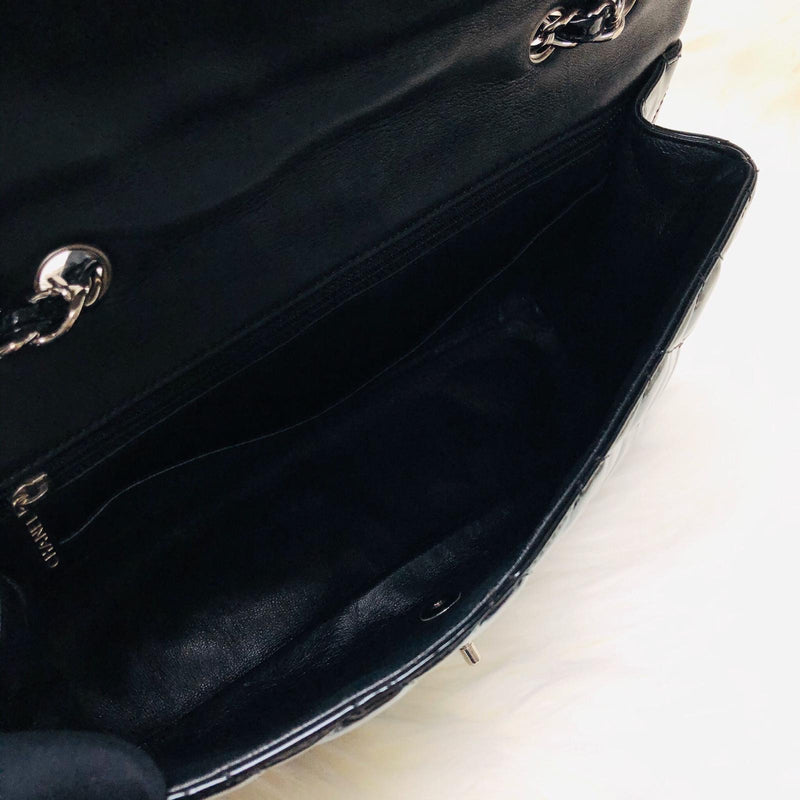 Jumbo Quilted Patent Single Flap Bag in Black with SHW