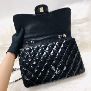 Jumbo Quilted Patent Single Flap Bag in Black with SHW