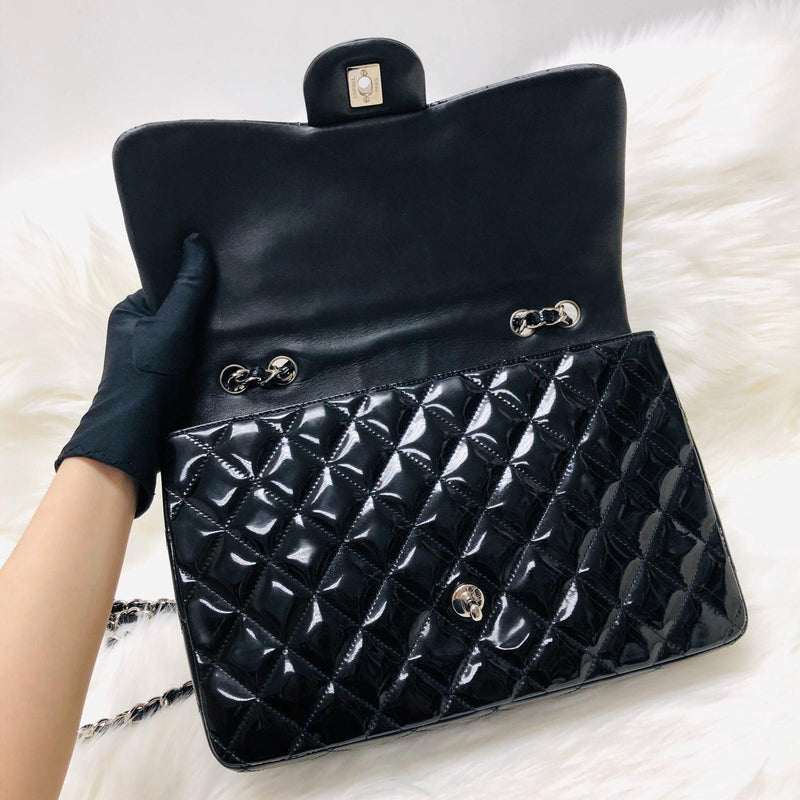 Jumbo Quilted Patent Single Flap Bag in Black with SHW
