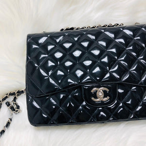 Jumbo Quilted Patent Single Flap Bag in Black with SHW