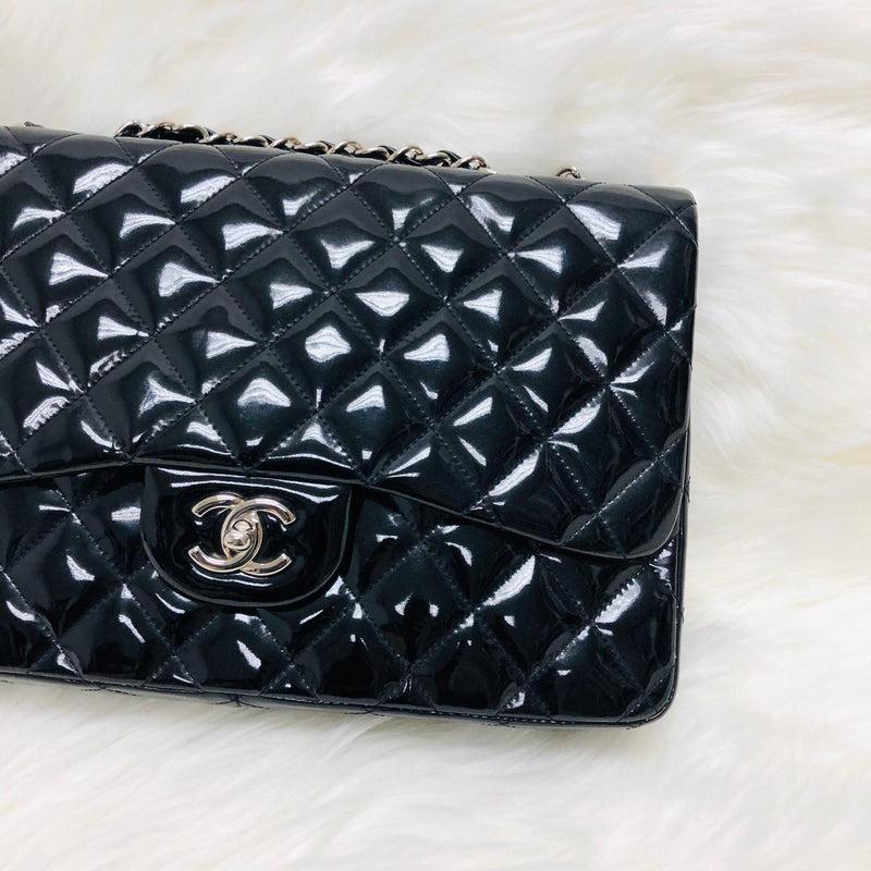 Jumbo Quilted Patent Single Flap Bag in Black with SHW