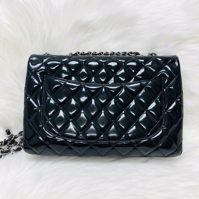 Jumbo Quilted Patent Single Flap Bag in Black with SHW