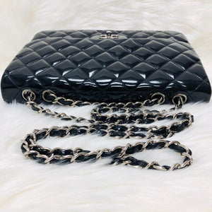 Jumbo Quilted Patent Single Flap Bag in Black with SHW