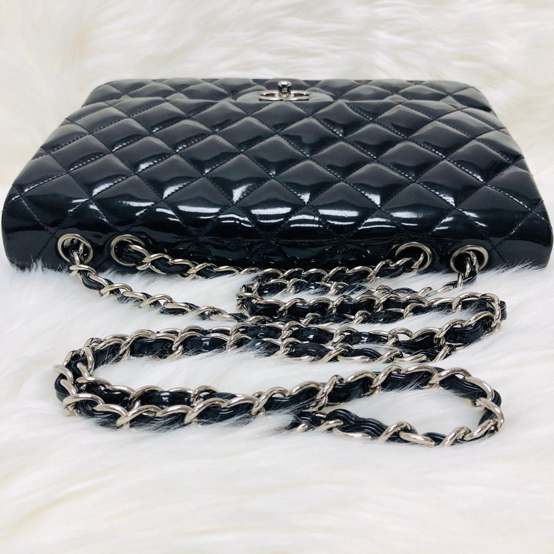Jumbo Quilted Patent Single Flap Bag in Black with SHW