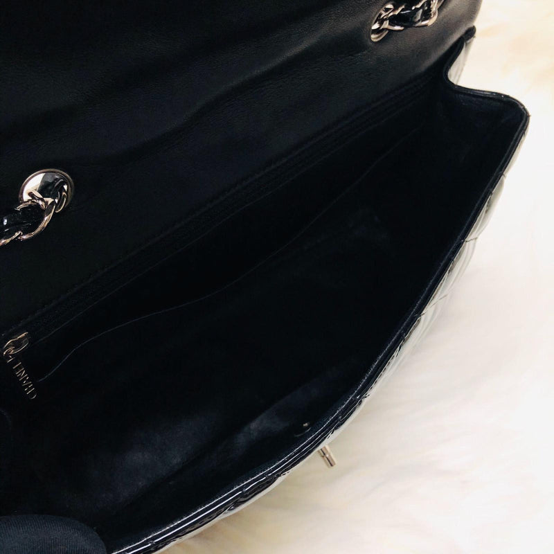 Jumbo Quilted Patent Single Flap Bag in Black with SHW
