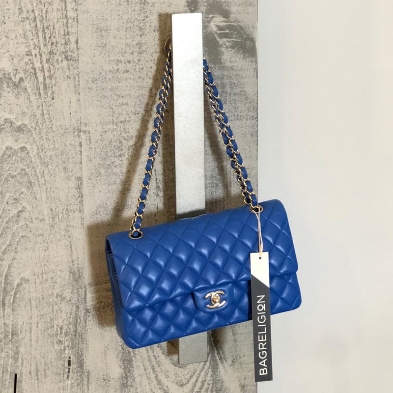 Medium Double Flap Lambskin Classic Bag with Light GHW in Electric Blue