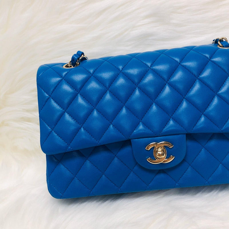 Medium Double Flap Lambskin Classic Bag with Light GHW in Electric Blue