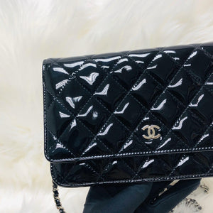 Wallet on Chain WOC with SHW in Black Quilted Patent Leather