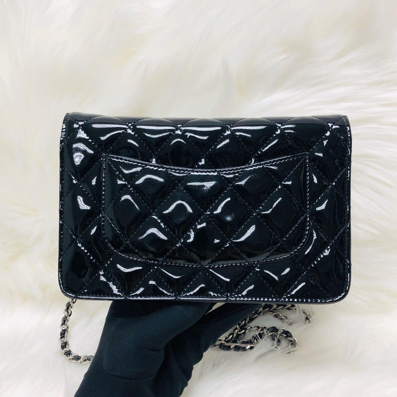 Wallet on Chain WOC with SHW in Black Quilted Patent Leather