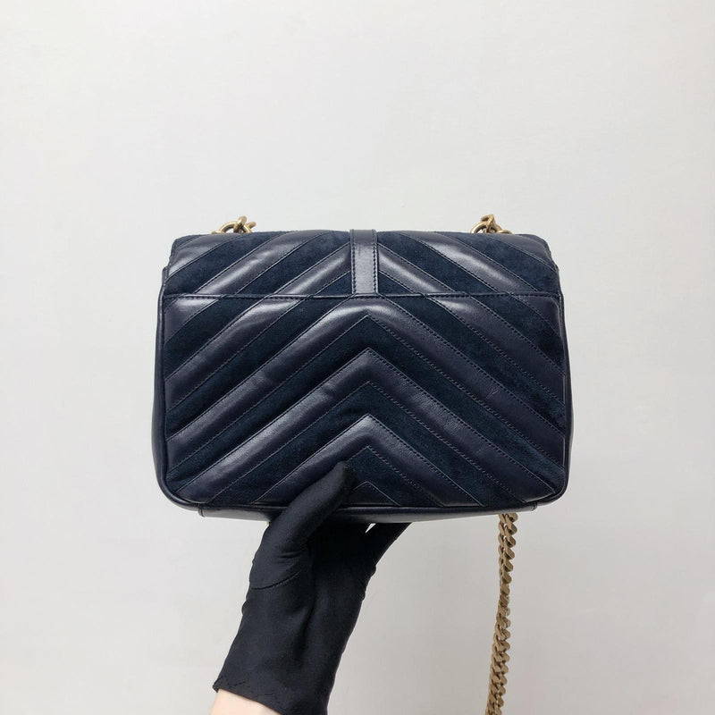 Chevron Quilted Leather Monogram Medium College Bag Navy Blue