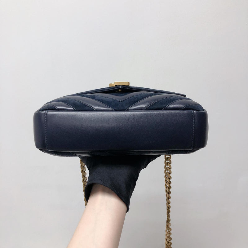 Chevron Quilted Leather Monogram Medium College Bag Navy Blue