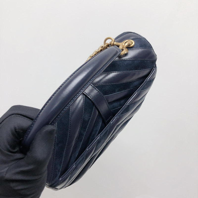 Chevron Quilted Leather Monogram Medium College Bag Navy Blue