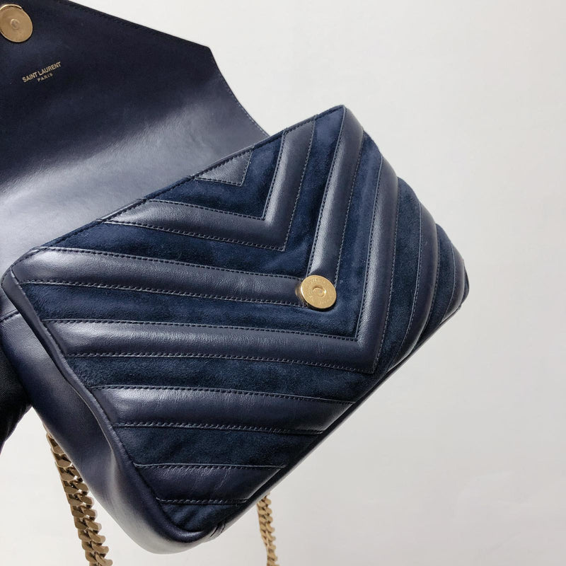 Yves Saint Laurent Dark Blue Chevron Quilted Leather Monogram Large College Bag