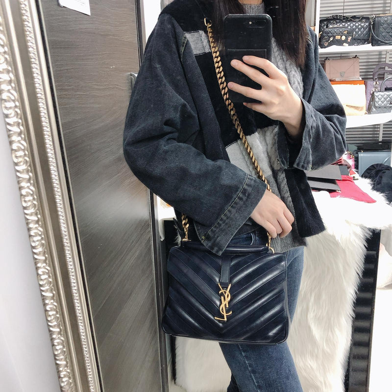 Chevron Quilted Leather Monogram Medium College Bag Navy Blue