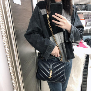 Chevron Quilted Leather Monogram Medium College Bag Navy Blue