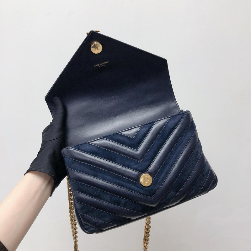 Chevron Quilted Leather Monogram Medium College Bag Navy Blue