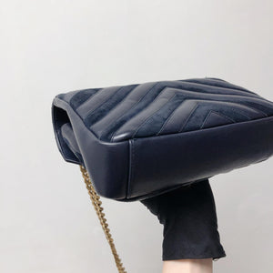 Chevron Quilted Leather Monogram Medium College Bag Navy Blue