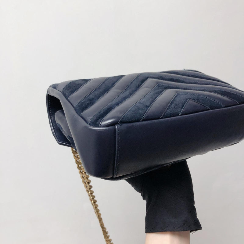 Chevron Quilted Leather Monogram Medium College Bag Navy Blue