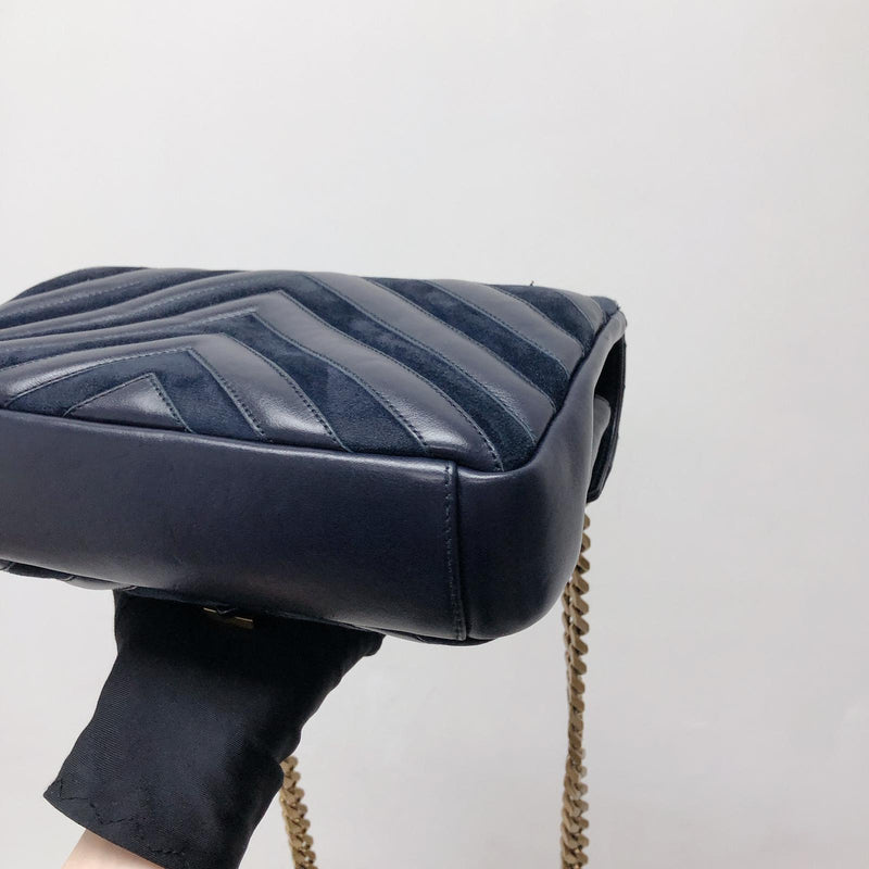 Chevron Quilted Leather Monogram Medium College Bag Navy Blue