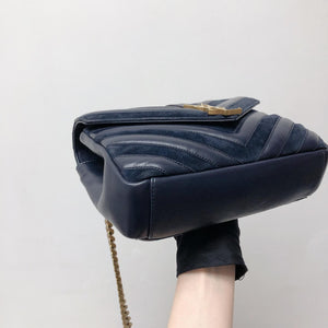 Chevron Quilted Leather Monogram Medium College Bag Navy Blue