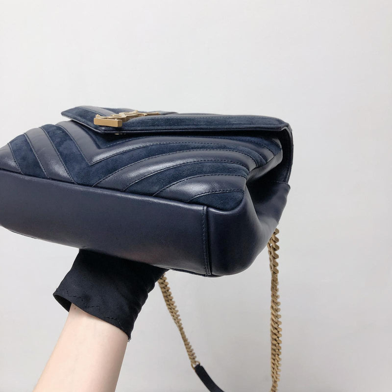 Chevron Quilted Leather Monogram Medium College Bag Navy Blue