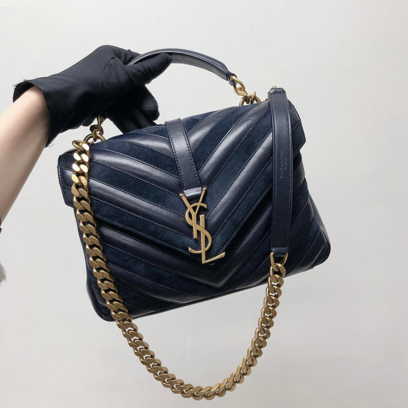 Chevron Quilted Leather Monogram Medium College Bag Navy Blue