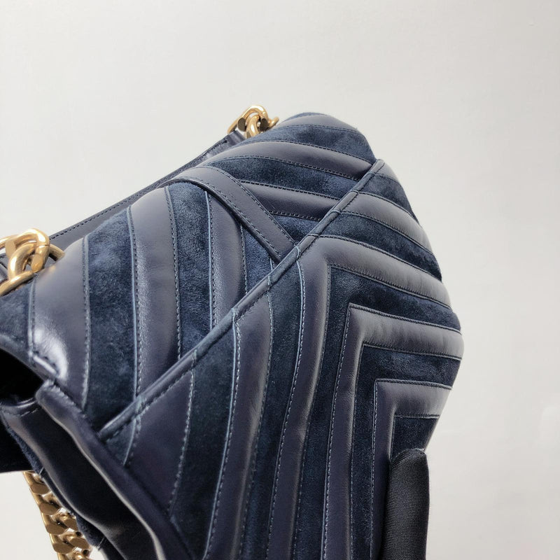 Chevron Quilted Leather Monogram Medium College Bag Navy Blue