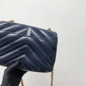 Chevron Quilted Leather Monogram Medium College Bag Navy Blue