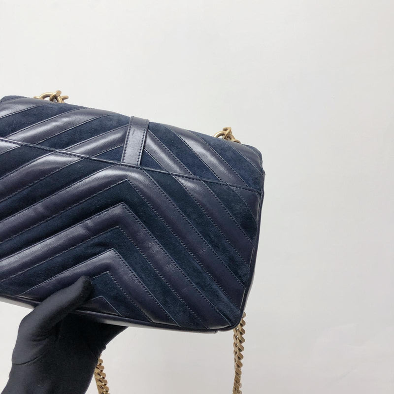 Chevron Quilted Leather Monogram Medium College Bag Navy Blue