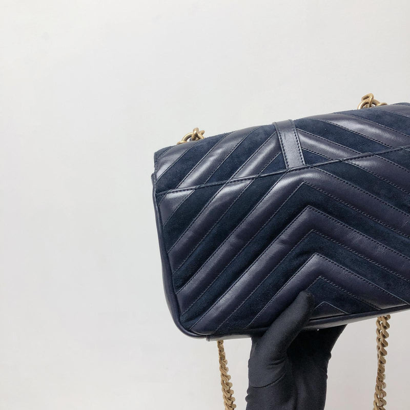 Chevron Quilted Leather Monogram Medium College Bag Navy Blue